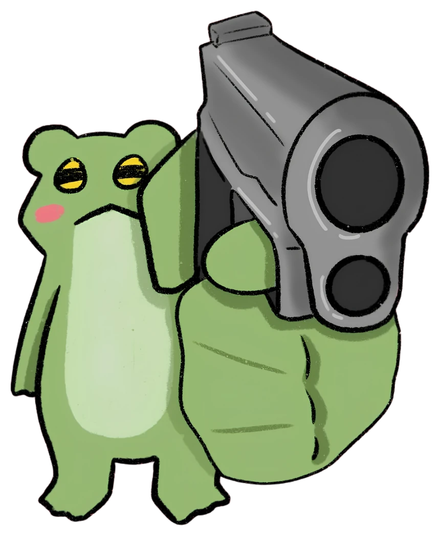 Fong pointing a revolver straight ahead, deadpan expression